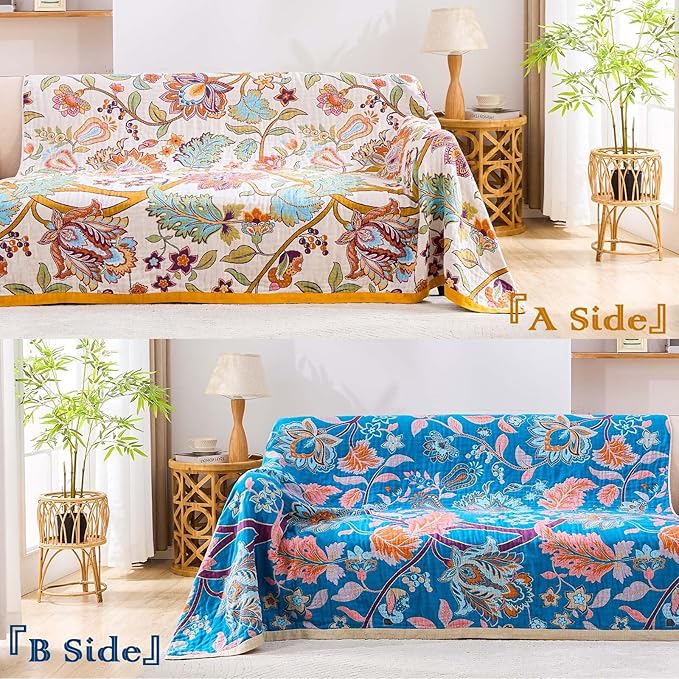 Boho Throw Blanket for Bed, 100% Cotton Soft Rustic Quilt Fall Blanket, 50"x60" Floral Printed Farmhouse Decor Bed Blankets, All Season Rustic Reversible Bohemian Throw Quilt