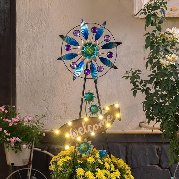 TERESA'S COLLECTIONS Peacock Garden Decor Solar Stake, Wind Spinner for Outdoor Decorations, Metal Windmill Blue Floral Yard Art Sign Decorative Garden Stake for Lawn Ornaments, Gifts for Mom, 26''