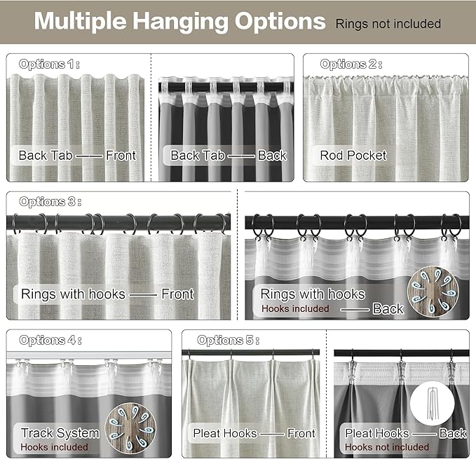 Linen Natural Blackout Curtains 84 Inch Long 2 Panels Set,Back Tab Pleated Burlap Textured Window Draperies with Hooks, Noise Reducation Black Out Darkening Curtains for Bedroom,50x84 in Length