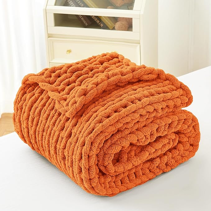 Admitrack Chunky Knit Blanket Throw, 100% Hand Knit Chenille Throw Blanket for Sofa & Home Decor, Soft and Cozy Knitted Throw Blankets (Orange, 51"x63")