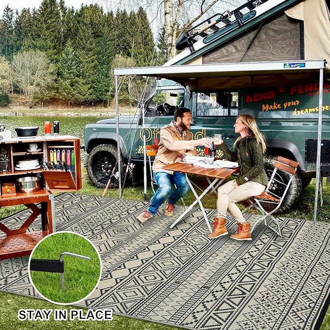 GAOMON Outdoor Rug 9'x12' Waterproof Rug for Patio Decor, Foldable Reversible Plastic Straw Area Rugs Mat for Camper, Outside Carpet for Deck, Porch, Picnic, Beach, Black/Coffee(Bohemia)