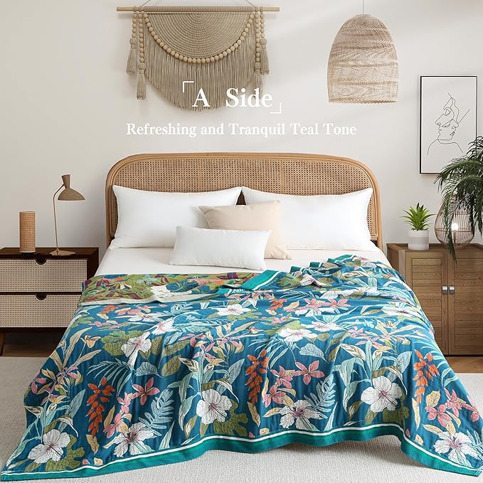 Boho Throw Blanket Full Size, Extra Large Soft Cozy Cotton Muslin Quilt Blanket for Bed Decor, Floral Patterned Couch Sofa Chair Cover, Vintage Farmhouse Cottage Woven Blanket, Teal&Green