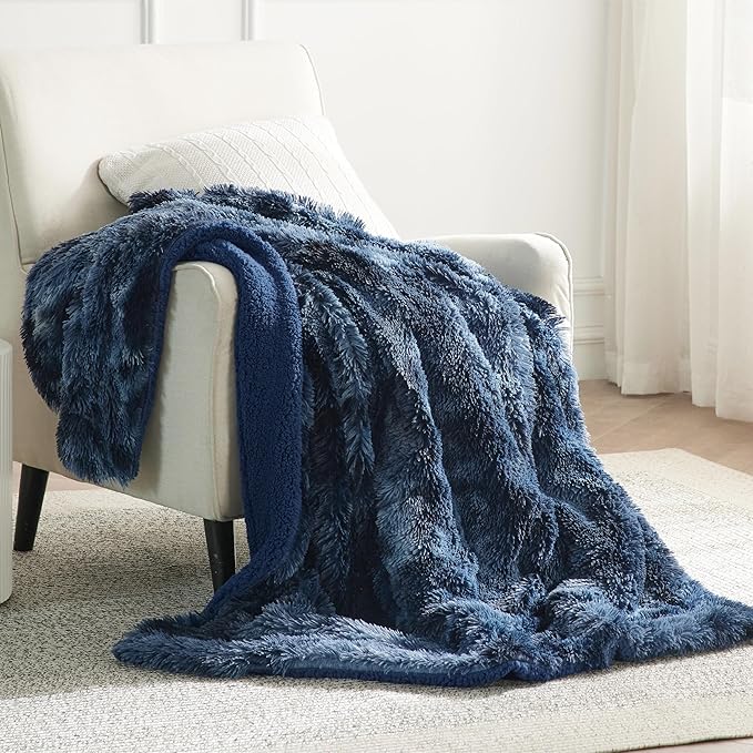 Bedsure GentleSoft Fluffy Navy Blue Throw Blanket, Tie Dye Blue Decor Navy Gifts for Men, Soft Cozy Fuzzy Plush Minky Thick Warm Sherpa Fleece Faux Fur Blanket for Couch, Blanket Gifts for Him, 50x60