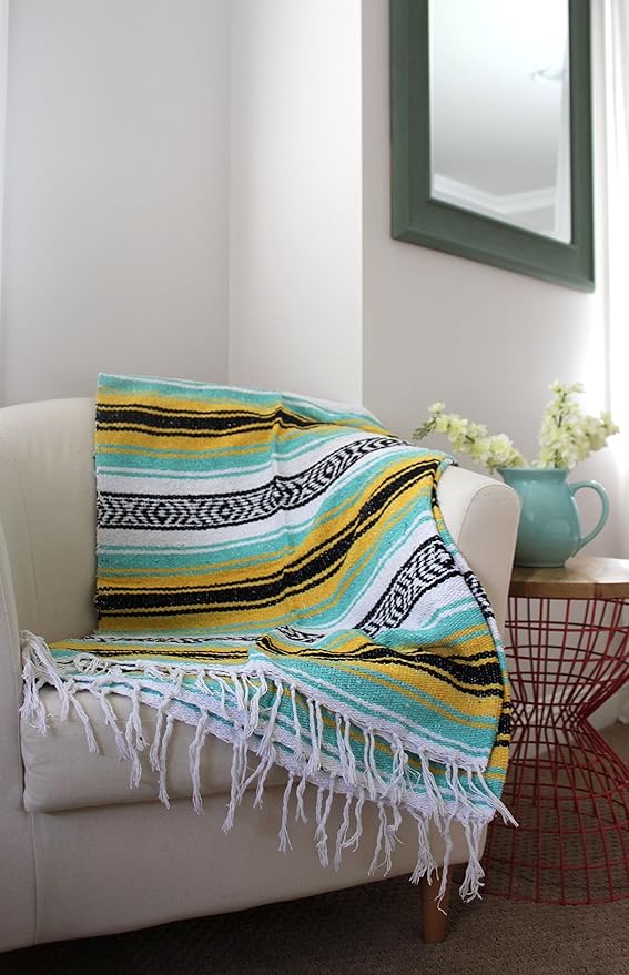Del Mex Classic Mexican Blanket, Large Authentic Woven Falsa Throw (70"x50"), Artisan Southwest Décor for Beach, Yoga, Outdoors (Mint/Yellow)