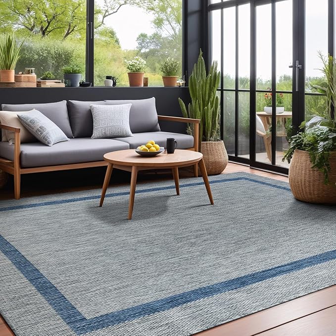 Bordered Outdoor Rug 5x7 Washable Outside Carpet for Indoor Patio Porch Waterproof Easy Cleaning Non Shedding Area Rugs Silver Gray - Blue 5 x 7