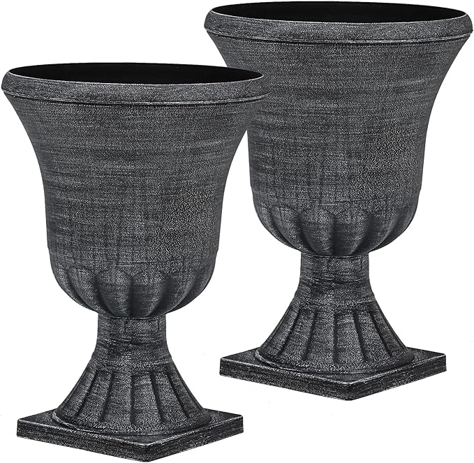 22" Timeless Urn Planters for Outdoor Plants, Set of 2 Plastic Large Flower Pot with Handmade Washed Black Finish, Weather-Resistant for Porch, Garden, Patio or Indoor Use