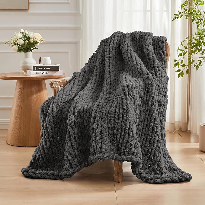 Carriediosa Chunky Knit Throw Blanket 50" X 60", 100% Hand Made Large Chenille Loop Yarn Soft Fluffy Throws for Couch Sofa Bed, Big Crochet Cozy Heavy Thick Cable Woven Blankets, Dark Grey