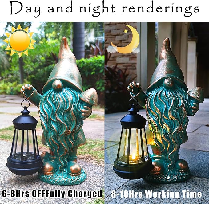 Gnomes Garden Statue Outdoor Décor with Solar Lights Lantern,Gnome Solar Light Figurines Outside Decorations for Yard，Lawn Patio, Balcony, Unique Housewarming Gifts