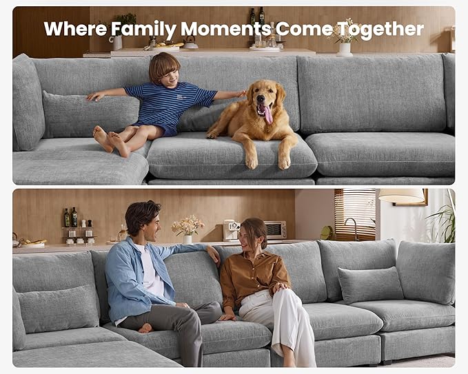 Oversized Modular Sofa, Extra Deep Cloud Chenille Sectional Couch with Ottoman Chaise, Fluffy Chenille 6 Seater Couch Bed for Living Room, Villa (Sofa Bed 6 Seater, Chenille Grey)