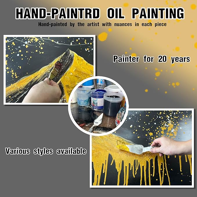 Gold Mountains Painted Wall Art for Living Room - Hand Painted Abstract Wall Art for Office - Black Framed Wall Art for Bedroom Size 29" x 59"