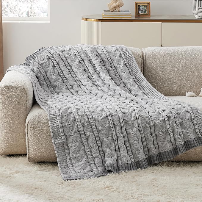 Bedsure Cable Knit Twin Blanket for Couch Bed - Breathable Chenille Chunky Knit Twin Blanket for Decorative Gift, GentleSoft Cozy and Warm for Winter and All Seasons, Grey, 60x80 Inches