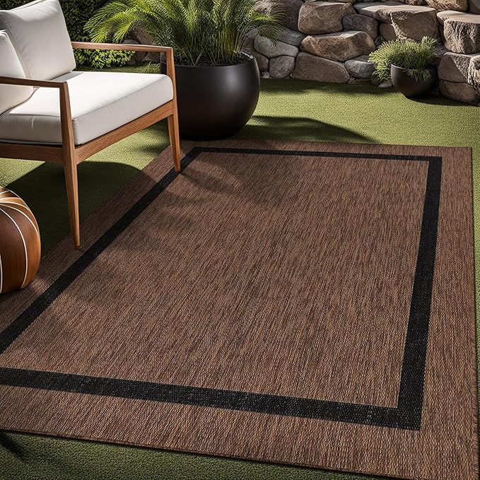 Bordered Outdoor Rug 8x10 Washable Outside Carpet for Indoor Patio Porch Waterproof Easy Cleaning Non Shedding Area Rugs Nut Brown - Black 8 x 10