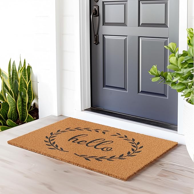 Barnyard Designs Natural Coco Coir Heavy Duty Backing Doormat - Large Cute Non-Slip Front Door Welcome Mat for Outside Entrance or Porch Entry, Brown (24x36, Hello)