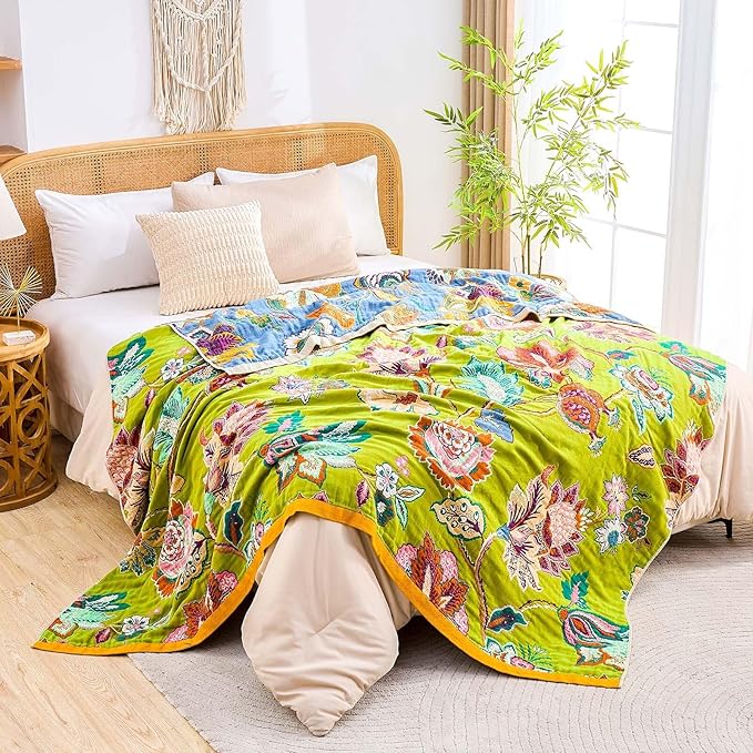 Fall Throw Blanket, 100% Cotton Soft Rustic Boho Throw Blanket for Bed, 80"x90" Farmhouse Decor Bed Flower Blankets, Light Weight Reversible Bohemian Throw Quilt