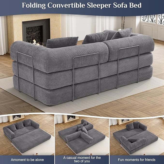 Convertible Sleeper Sofa Bed with Pillow, 4-in-1 Corduroy Folding Mattress Couch with Fixed-Shape Frame, Futon Fold Out Floor Sofa Cama Lounge Couch for Living Room Bedroom Studio, Grey