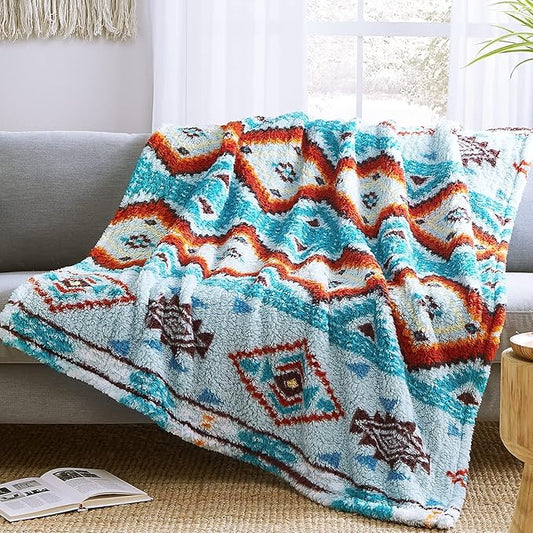 CASAAGUSTO Boho Sherpa Throw Blanket, Aztec Throw, Ultra Soft, Warm, Cozy, Plush, Thick Fleece Bohemian Throw Blanket for Couch, Bed, Sofa (Aqua 50 * 60 Inch)