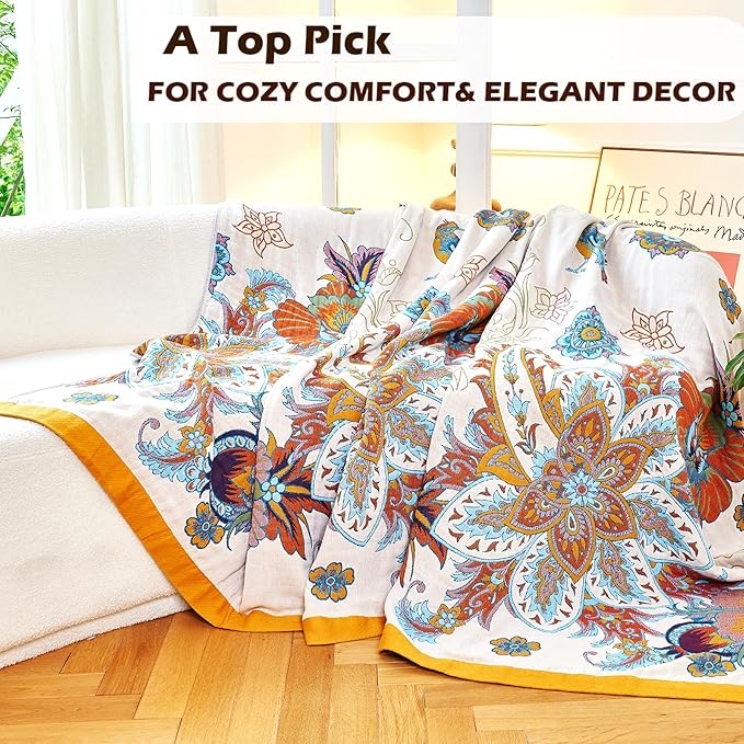Boho Throw Blanket, 100% Organic Cotton Breathable Ultra Soft Bed Quilt Throw - All Season Floral Bird Butterfly Farmhouse Decor Blanket for Sofa Couch Chair and Gift. 50" x 60"