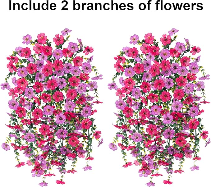 Artificial Faux Hanging Flowers Plants for Outdoor Decor, 2 PCS Outside Fake Silk Violets with Eucalyptus UV Resistant Realistic Daisy Trailing Vines for Planter Balcony Porch Patio Yard, Purplepink