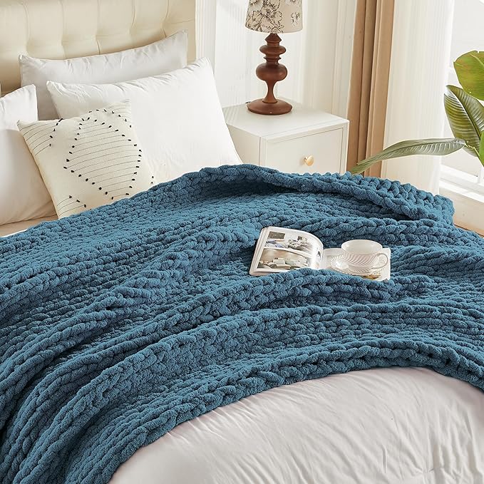 Carriediosa Chunky Knit Throw Blanket 60" X 80" Twin, 100% Hand Made Large Chenille Loop Yarn Soft Fluffy Throws for Couch Sofa Bed, Big Crochet Cozy Heavy Thick Cable Woven Blankets, Lyons Blue