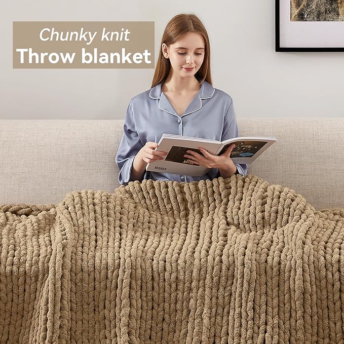 Chunky Knit Throw Blanket, 30''*40'' Knitted Throw Chenille Yarn for Bed Couch, Handmade Light Brown Crochet Big Thick Blanket, Machine Washable Cute Comfy Blanket for Home Decor