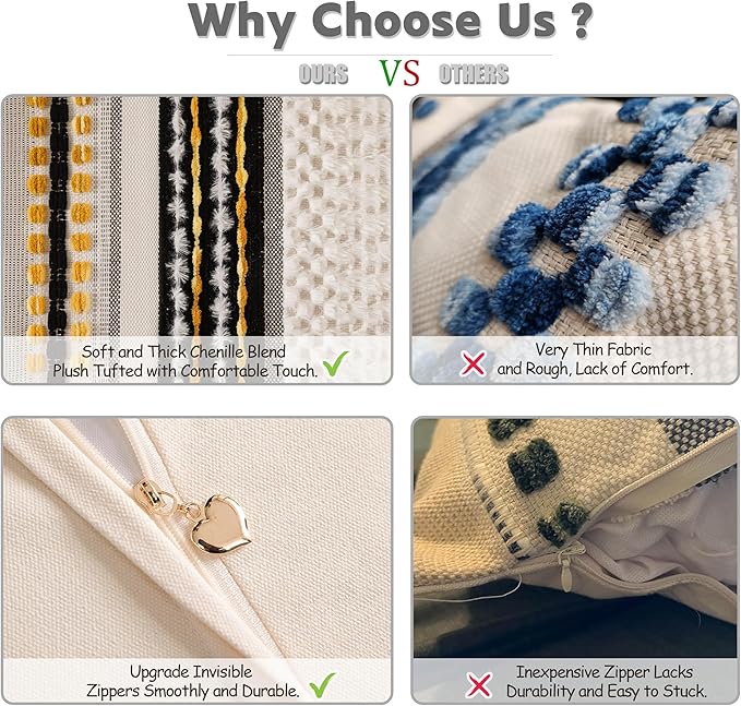 Boho Chenille Tufted Couch Throw Pillow Covers 18x18 Inch Set of 2 Farmhouse Striped Decorative Pillow Covers Accent Neutral Pillowcase Black Yellow Cushion Cover for Living Room Sofa Bed