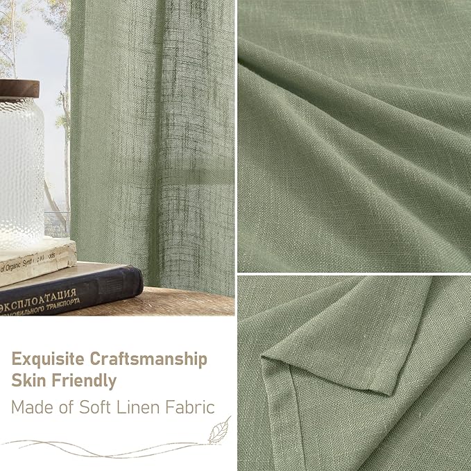 LAMIT Linen Curtains 102 Inches Long for Living Room, Bronze Grommet Linen Textured Sheer Curtains Light Filtering Drapes for Boho Farmhouse, 2 Panels, 52 x 102 Inch, Sage Green