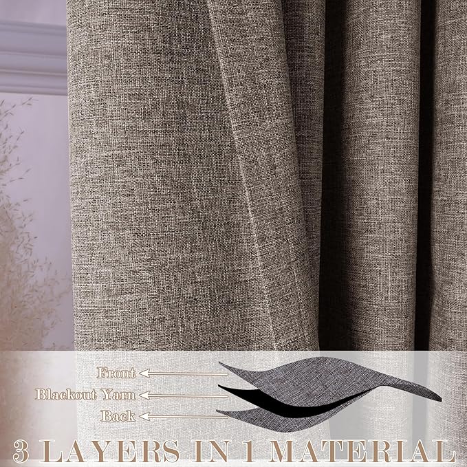 Light Coffee Pinch Pleat 100% Blackout Drapes Linen Blend, Room Divider, Room Darkening, Energy Saving, Furniture Protecting, Light Blocking Extra Wide Privacy Curtains, 200Wx108L, 1 PC