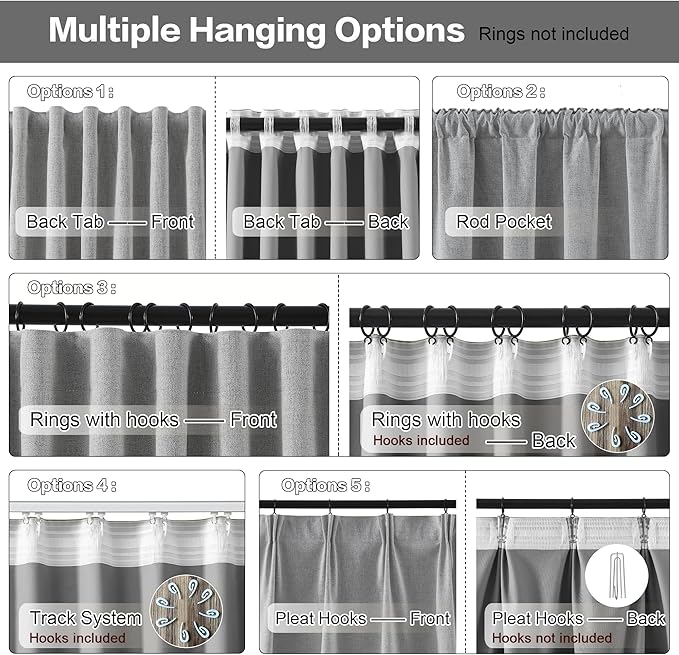 RAIN CITY 90 Inch Long Blackout Curtains 2 Panels Set,70 Inch Wide Back Tab Pleated Curtains with Hooks Track System,Energy Efficinet Linen Blend Drapes for Dining Room Hoom Office 70x90,Grey