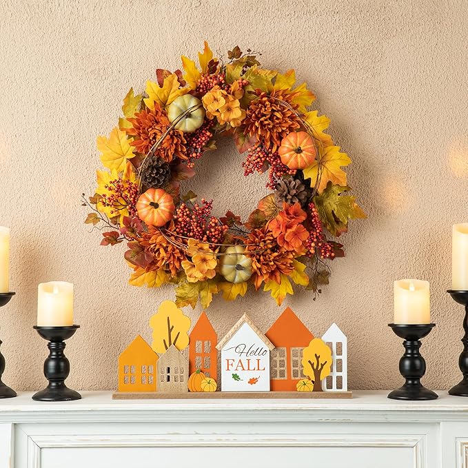 Glitzhome 24 inch Artificial Fall Wreath Decor, Autumn Maple Leaf Wreath for Front Door with Dahlia Pumpkin, Leaf and Berry Wreaths for Autumn Harvest Thanksgiving Halloween Decor