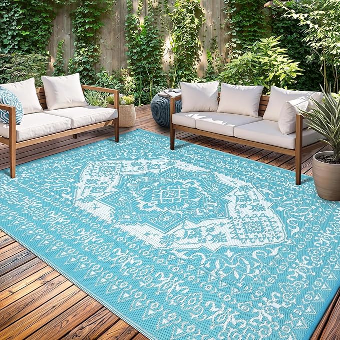GAOMON Outdoor Rugs 8x10 Waterproof Reversible Outdoor Plastic Straw Rug, Large Patio Rugs UV-Resistant Portable RV Camping Mats, Vintage Boho Carpet for Deck Porch Garden, Light Blue & White
