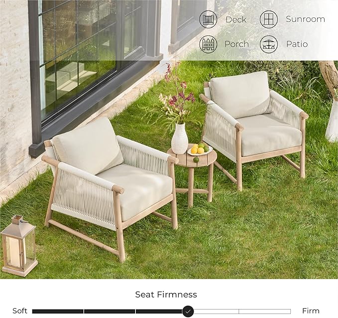 CHITA 3 Pieces Boho Patio Rattan Bistro Set, Outdoor Wicker Chairs & Side Table Set with Acacia Wood Frame(Cream)