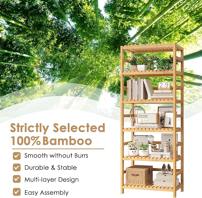 FOTOSOK 6-Tier Bamboo Shelf, Bamboo Bookcase with Adjustable Shelves, Free Standing Storage Shelf Unit, Plant Flower Stand for Kitchen, Bathroom, Home Office, Natural