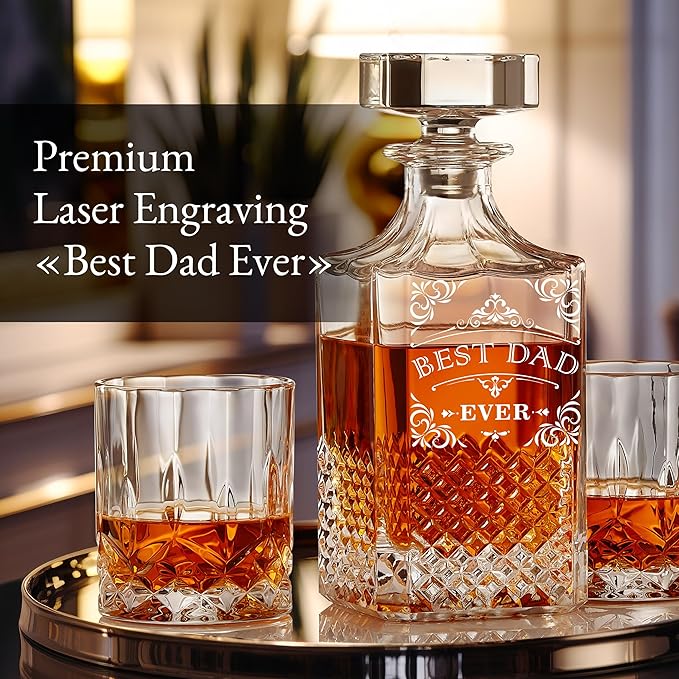 Luxury Gift For Men - Best Dad Ever - Unique Engraved Whiskey Decanter Set For Beloved Dad Christmas or Birthday Gift – 4 Whiskey Glasses And Decanter Set Is a Great Gift Idea for Whisky, Bourbon