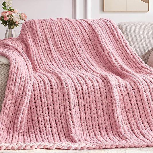 Chunky Knit Throw Blanket, 60''*80'' Knitted Throw Chenille Yarn for Bed Couch, Handmade Light Pink Crochet Big Thick Blanket, Machine Washable Cute Comfy Blanket for Home Decor