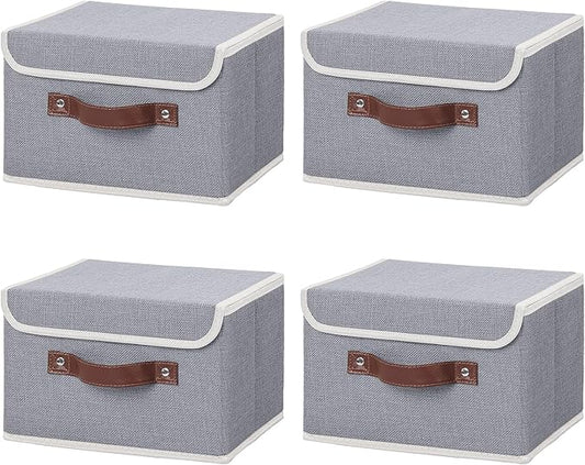 ANMINY 4PCS Storage Bins with Lid PU Leather Handles Storage Boxes PP Plastic Board Decorative Foldable Lidded Cotton Linen Fabric Home Cubes Baskets Closet Organizer Containers - Gray, Small Size