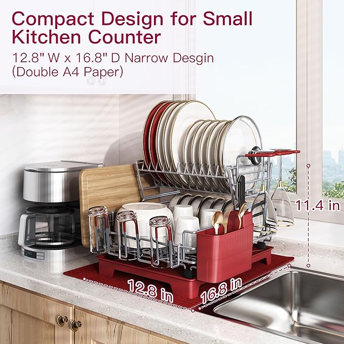 BOOSINY 2 Tier Red Large Stainless Steel Dish Drainers Drying Rack for Kitchen Counter with Drainboard, Rust Proof Metal, Space Saving, Modern Aesthetic, Compact Plates Strainers with Extra Mat