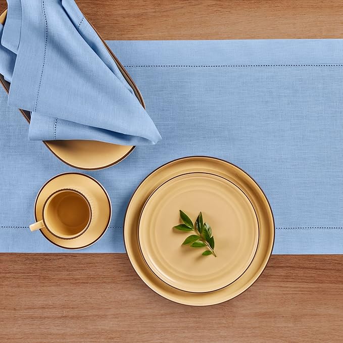 Solino Home Linen Cornflower Blue Table Runner 120 Inches Long - 100% Pure Linen Hemstitch 14 x 120 Inch Table Runner for Dining - Classic Hemstitch