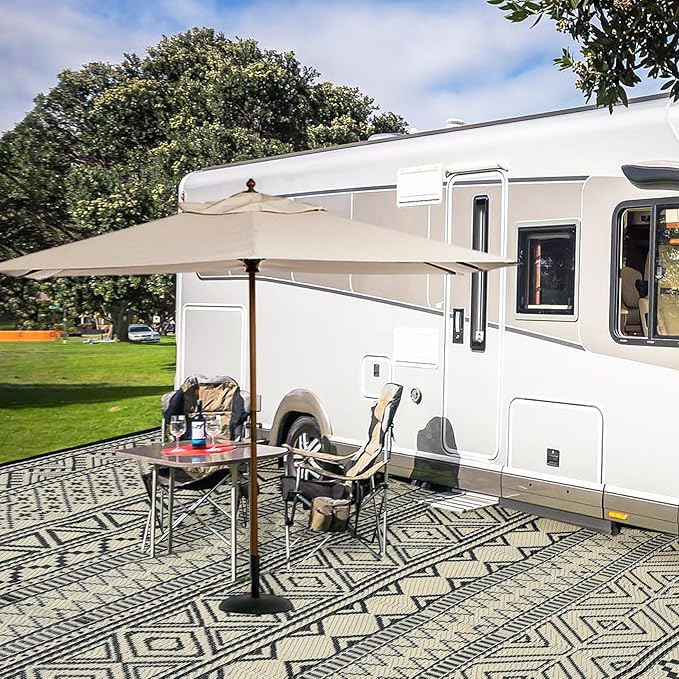 GAOMON Reversible Outdoor Rug 9'x18' Waterproof Plastic Straw Rug, Patio Rug, Large Modern Area Rug Carpet, Indoor Outdoor Rugs for Camping, Porch, Deck, Balcony, Backyard, Black/Coffee(Bohemia)