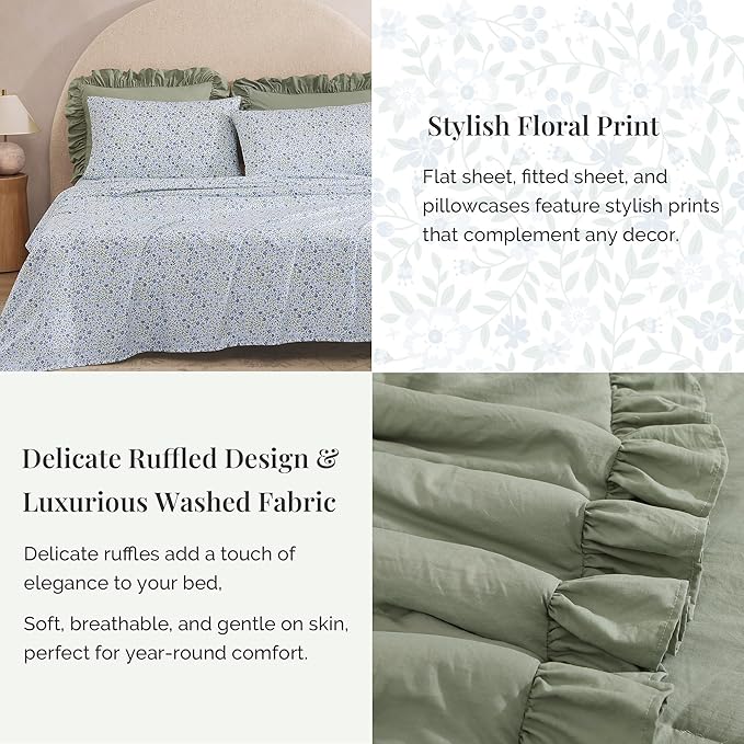 Full Comforter Set - 7 Pieces Ruffle Sage Green Bedding Sets, Shabby Chic Farmhouse Bed in a Bag Full with Ruffle Comforter, Floral Sheets, Pillowcases & Shams