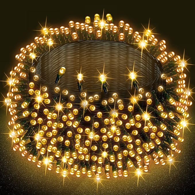 Dazzle Bright Warm White Christmas String Lights, 164ft 2000 LED Waterproof Green Wire Fairy Lights with 8 Modes, Outdoor Lights for Xmas Tree Holiday Wedding Party Christmas Decorations