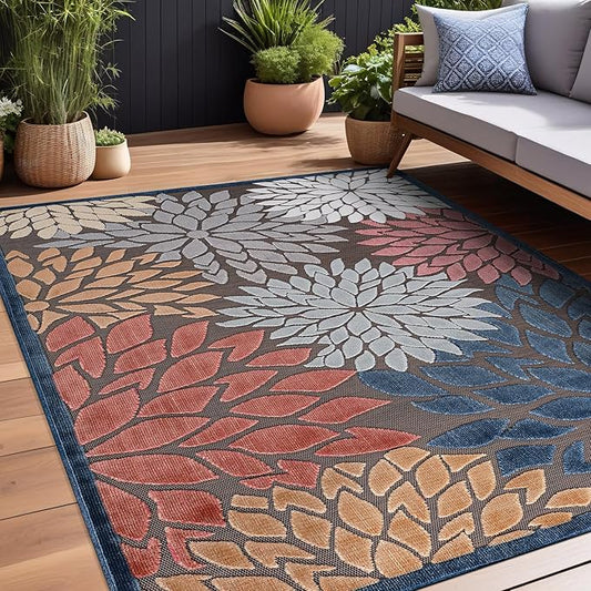 Beverly Rug Outdoor Rug 9x12 Large Modern Floral Tropical Area Rugs for Indoor and Outdoor Patio Easy to Clean Non Shedding Living Room Porch Garden Washable Outside Carpet (9 x 12 Brown)