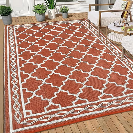 GAOMON Reversible Outdoor Rug 9'x18' Waterproof Plastic Straw Rug, Patio Rug, Large Modern Area Rug Carpet, Indoor Outdoor Rugs for Camping, Porch, Deck, Balcony, Backyard, Orange/White(Geometric)