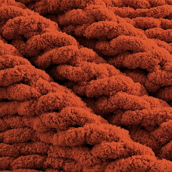 Carriediosa Chunky Knit Throw Blanket 60" X 80" Twin, 100% Hand Made Large Chenille Loop Yarn Soft Fluffy Throws for Couch Sofa Bed, Big Crochet Cozy Heavy Thick Cable Woven Blankets, Rust