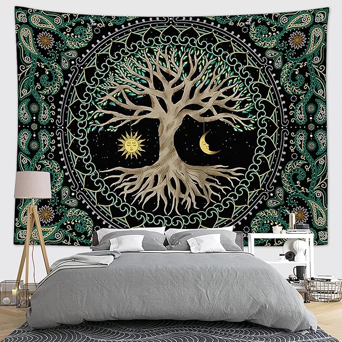 FORATER Tree of Life Tapestry Wall Hanging Aesthetic Sun and Moon Tapestry with Vintage Paisley Flowers Colorful Tree Wall Tapestries for Bedroom, Living Room, Dorm(61 x 82 inches, Multicolor)