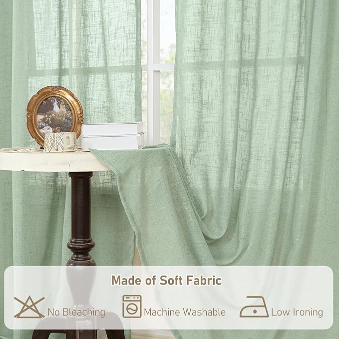 LAMIT Fresh Green Linen Sheer Curtains 63 Inch Length for Bedroom, Light Filtering Panels with Bronze Grommet for Living Room Faux Linen Textured Spring Decor Drapes, 2 Panels, 34 X 63 Inch
