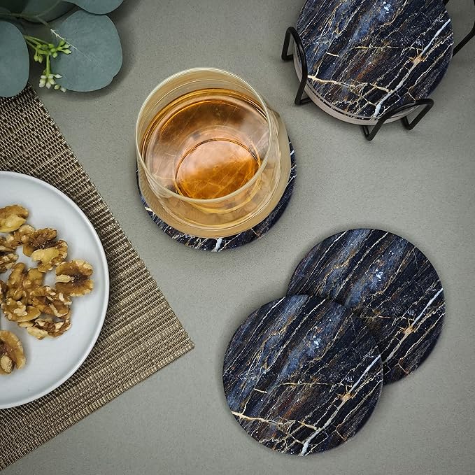 Emerson Coasters for Drinks Absorbent – Natural Stone Drink Coasters Set with Holder, Coasters for Coffee Table, Wooden Tabletop Protection Marble Style – 100% Heavy Duty Set of 6 (Thunder)