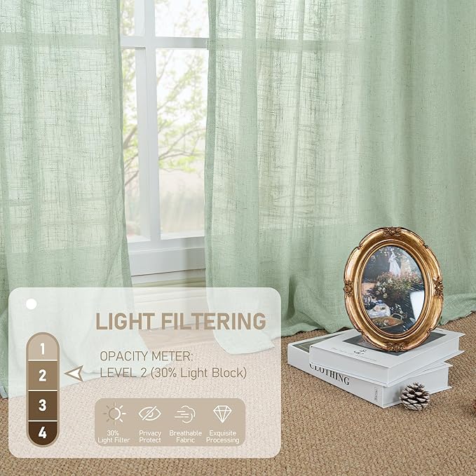 LAMIT Linen Curtains for Living Room 84 inch Length 2 Panels, Light Filtering Semi Sheer Panels Bronze Grommet Farmhouse Drapes for Bedroom/Sliding Glass Door, Fresh Green, 52 x 84 Inch