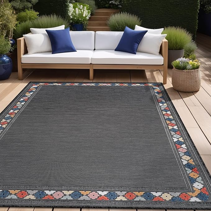 Beverly Rug Outdoor Rug 8x10 Modern Bordered Area Rugs for Indoor and Outdoor Patio Easy to Clean Non Shedding Living Room Porch Garden Washable Outside Carpet (8 x 10 Dark Gray)