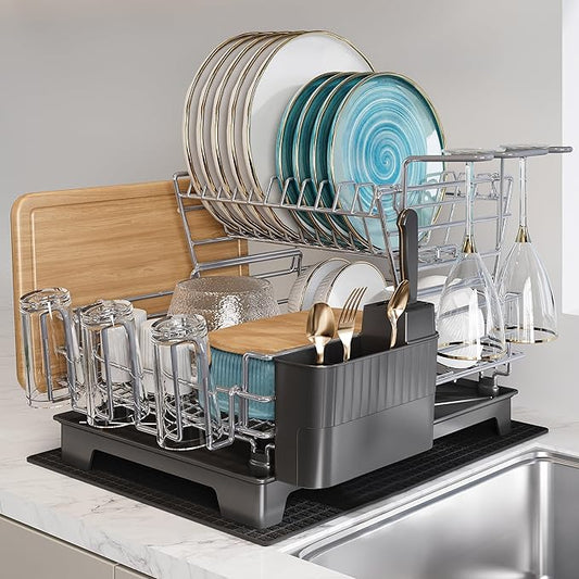 BOOSINY 2 Tier Grey Large Stainless Steel Dish Drainers Drying Rack for Kitchen Counter with Drainboard, Rust Proof Metal, Space Saving, Modern Aesthetic, Compact Plates Strainers with Extra Mat
