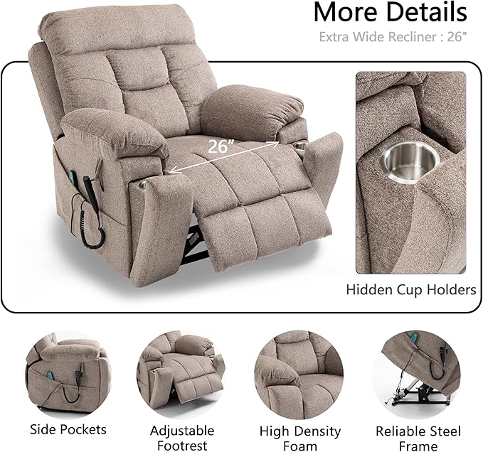 Dual Motor Power Lift Chair Recliners, 180°Lay Flat Sleeping Recliner Chairs for Elderly with Heat Massage, Spacious Seat, Cup Holders, Side Pockets, Lumbar Pillow, Up to 400LBS